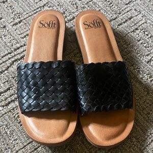 Söfft Black Braided Slide Sandals with Tan Footbed